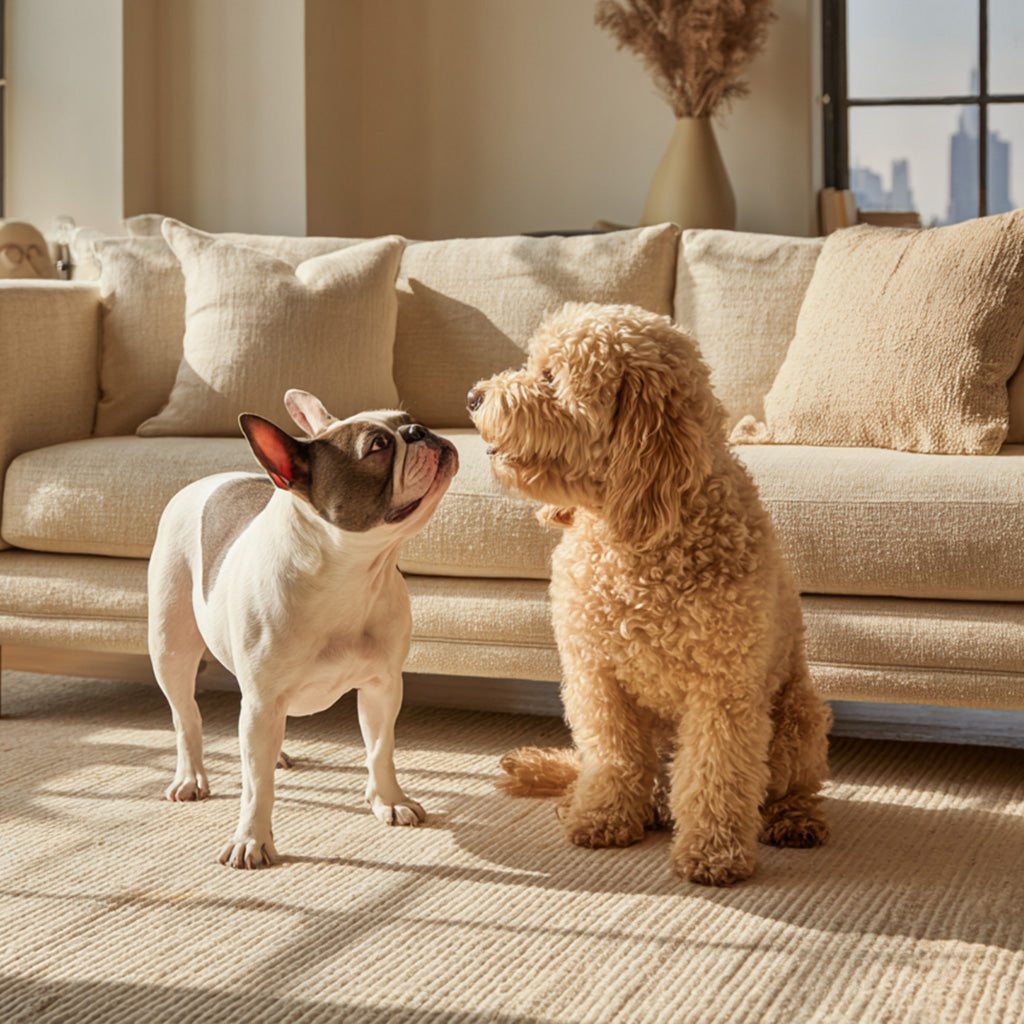 Cat and dog sitting together on a carpeted floor in a living room.